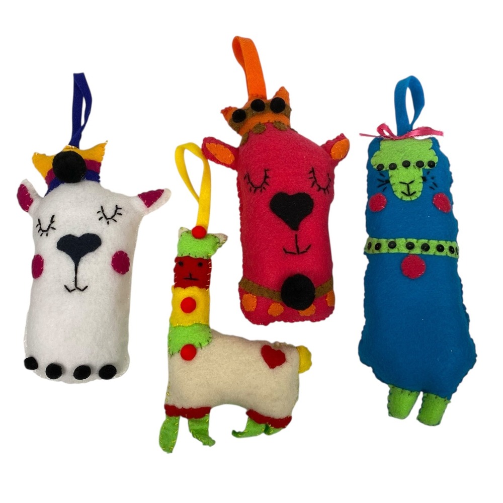 Handmade Felt Llama Alpaca Ornaments Set of 4 Boho Christmas Nursery Decor Multi